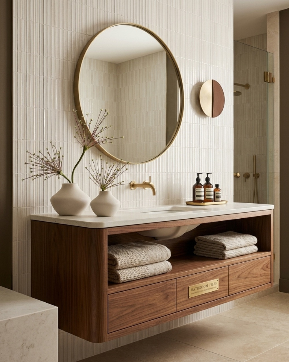 A gorgeous neutral mid century bathroom design! #freestandingtub #roundmirror #midcentury #tileideas #pattern  #tileideas #cozybath #bathroomideas

#LTKgrwm #LTKmomlife #LTKHome