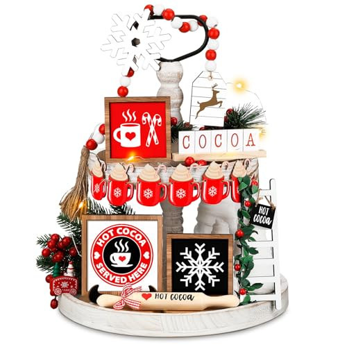 Spiareal 15 Pcs Christmas Hot Cocoa Tiered Tray Decor Set Wooden Table Decor Winter Coffee Hot Chocolate Bar Table Centerpieces Farmhouse Wooden Block Signs for Desk Shelf Home Kitchen Decorations | Amazon (US)