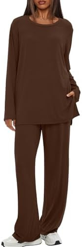 Darong Women's 2 Piece Lounge Set Casual Long Sleeve Crew Neck Tops Wide Leg Pants Travel Airport... | Amazon (US)