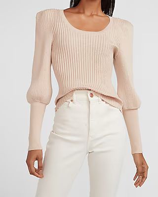 Metallic Ribbed Sharp Shoulder Blouson Sleeve Sweater | Express