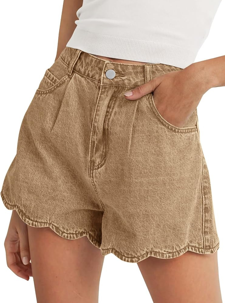Tankaneo Womens High Waist Jean Shorts Summer Casual Scalloped Hem Cute Trendy Loose Fit Denim Sh... | Amazon (US)