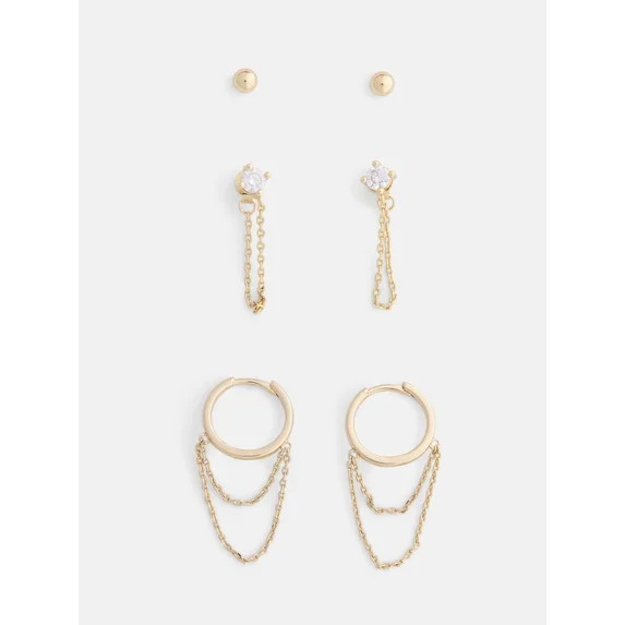 Free Assembly Women's Demi Fine 14K Gold Plated Cubic Zirconia Stud and Hoop Earrings Set, 3-Pair | Walmart (US)