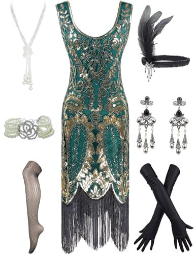 Women's 1920s Vintage Flapper Fringe Beaded Great Gatsby Party Dress w/Accessories Set (XL/US 14-16, Gold Green) | Amazon (US)