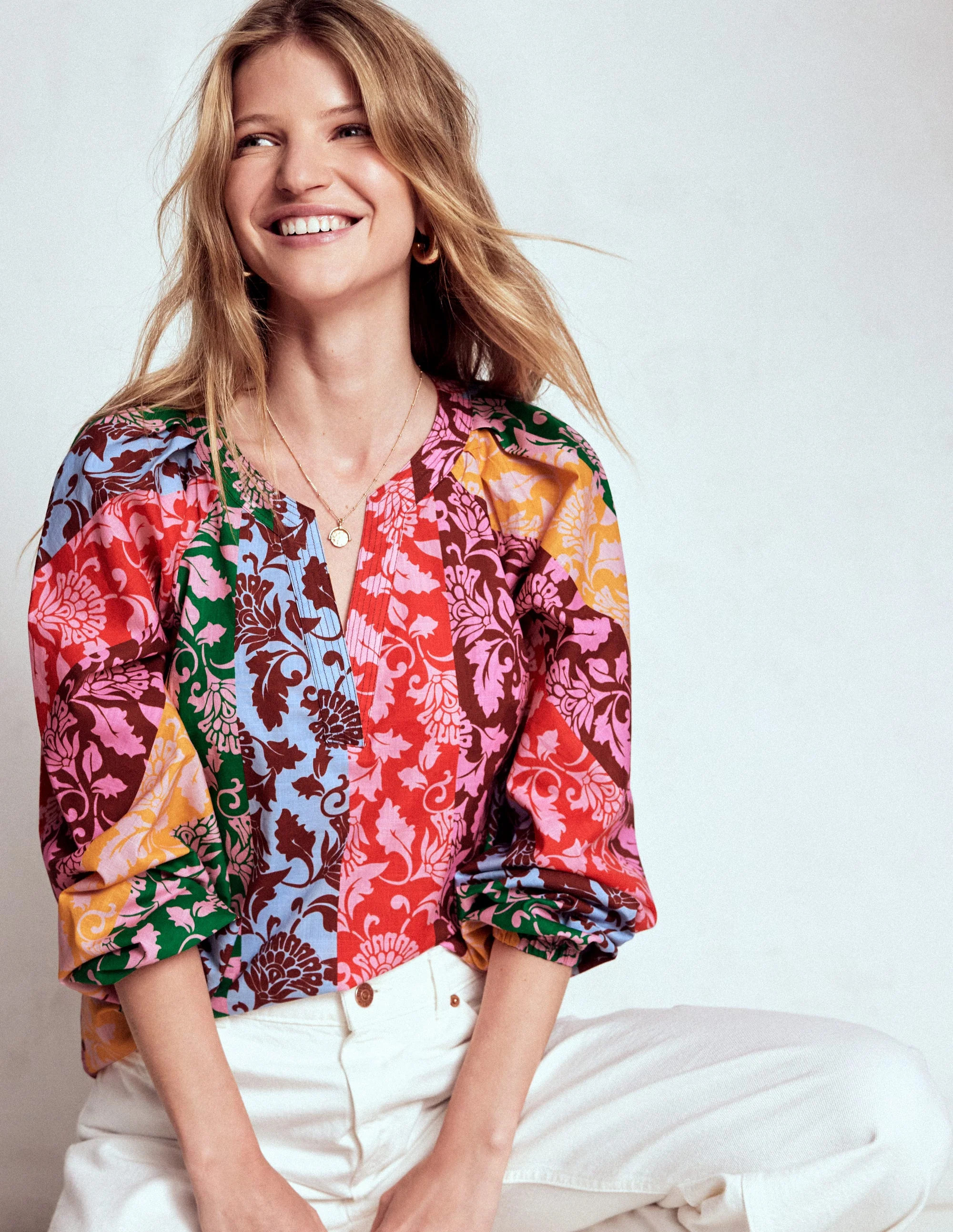 Long Sleeve Notch Top-Multi, Ornate Vine | Boden (US)