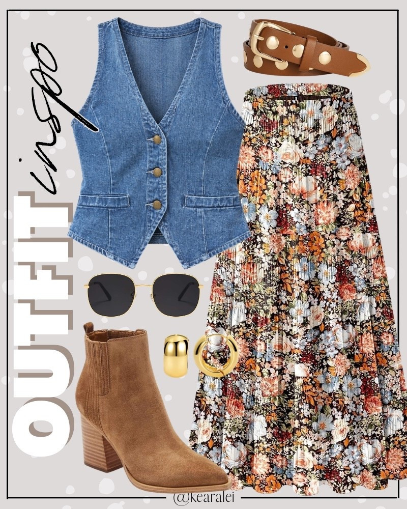 Spring outfits western outfit country concert outfit summer outfit Amazon fashion denim button up vest sleeveless Jean vest with floral midi skirt maxi skirt long chiffon skirt with pockets cancel tan brown suede pointed toe booties stacked heel brown tan leather gold studded belt and gold jewelry || teacher outfit teaching back to school looks  business casual outfits #country #concert #spring #summer #nashville #boho #target #casual #teaching #outfit #outfits
.
.
.
Amazon fashion, teacher outfits, business casual, casual outfits, neutrals, street style, Midi skirt, Maxi Dress, Swimsuit, Bikini, Travel, skinny Jeans, Puffer Jackets, Concert Outfits, Cocktail Dresses, Sweater dress, Sweaters, cardigans Fleece Pullovers, hoodies, button-downs, Oversized Sweatshirts, Jeans, High Waisted Leggings, dresses, joggers, fall Fashion, winter fashion, leather jacket, Sherpa jackets, Deals, shacket, Plaid Shirt Jackets, lounge set, Date Night Outfits, Vacation outfits, Mom jeans, shorts, sunglasses,  Romper, jumpsuit, Airport outfits, biker shorts, Weekender bag, plus size fashion, Stanley cup tumbler, Work blazers, Work Wear, workwear

boots booties tall over the knee, ankle boots, Chelsea boots, combat boots, pointed toe, chunky sole, heel, high heels, sneakers, slip on shoes, Nike, adidas, vans, dr. marten’s, ugg slippers, golden goose, sandals, high heels, loafers, Birkenstock Birkenstocks, Steve Madden, Target, Abercrombie and fitch, Amazon, Shein, Nordstrom, H&M, forever 21, forever21, Walmart, asos, Nordstrom rack, Nike, adidas, Vans, Quay, Tarte, Sephora, lululemon, free people, j crew jcrew factory, old navy


#LTKSeasonal #LTKootd #LTKSpringSale