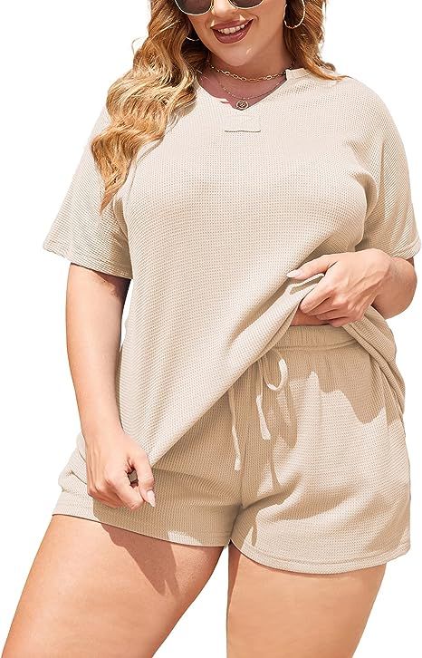 IN'VOLAND Women's Plus Size Pajama Set Short Sleeve Loungewear Henley Sleepwear Waffle 2 Pieces O... | Amazon (US)