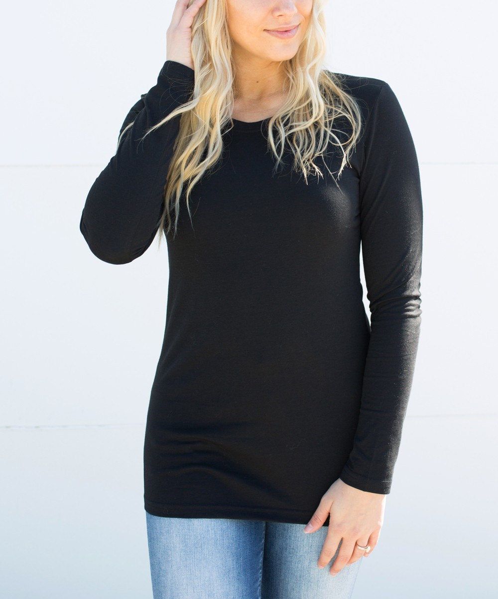 Olivia & Jane Women's Tee Shirts Black - Black Fitted Long-Sleeve Tee - Women & Plus | Zulily