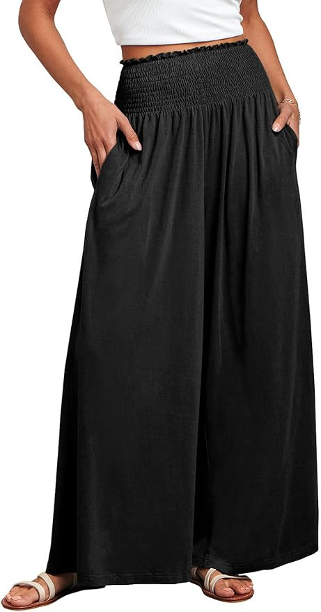 ANRABESS Women Palazzo Pants Summer Boho Bagyy Wide Leg High Smocked Waist Casual Loose Lounge Pa... | Amazon (US)