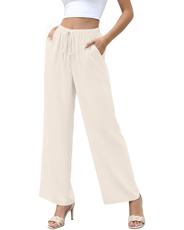 Women Summer Casual High Waist Wide Leg Pants Fashion Lightweight Flowy Boho Beach with Pockets | Amazon (US)