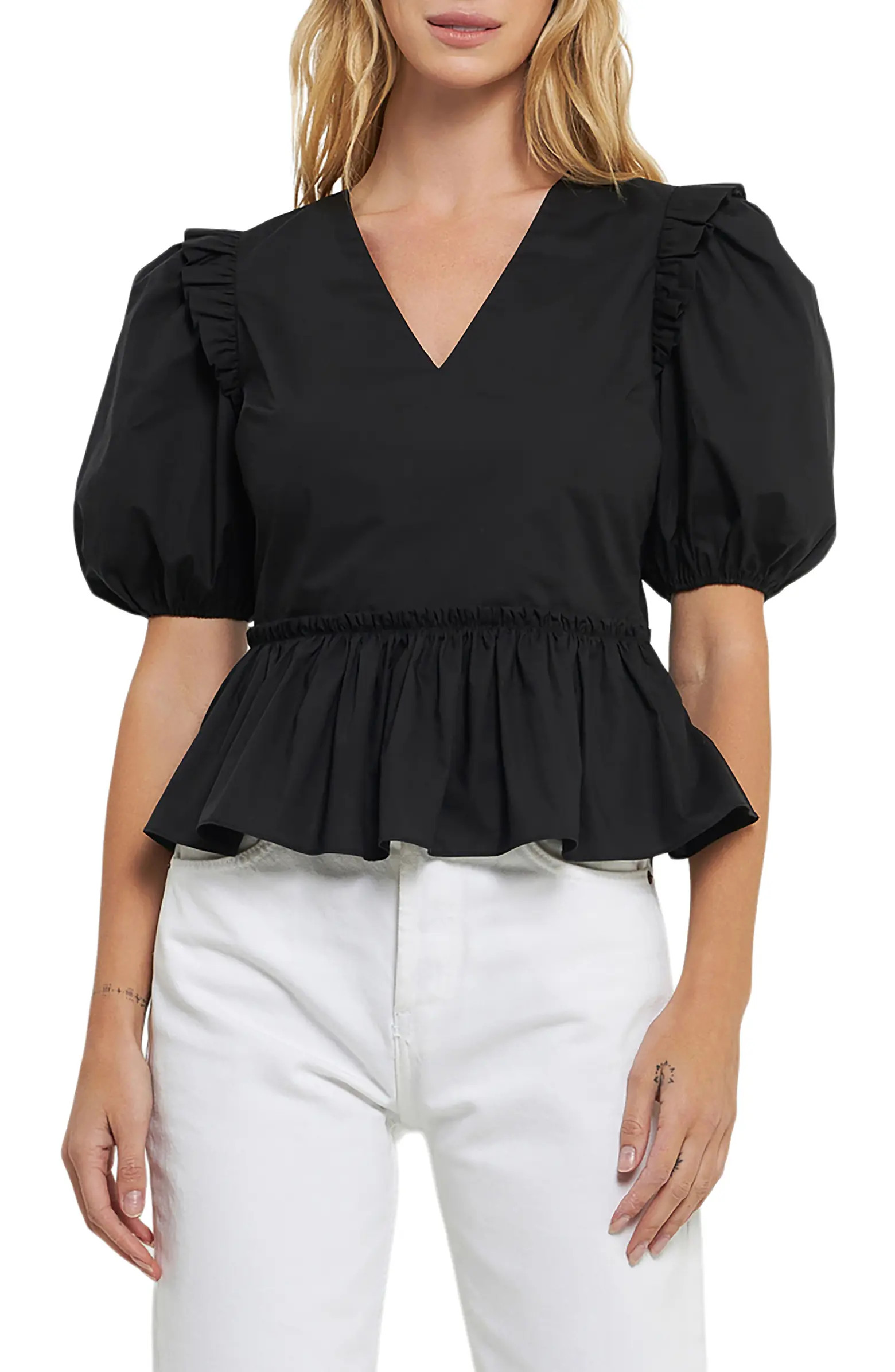 Puff Sleeve Peplum Cotton Top | Nordstrom