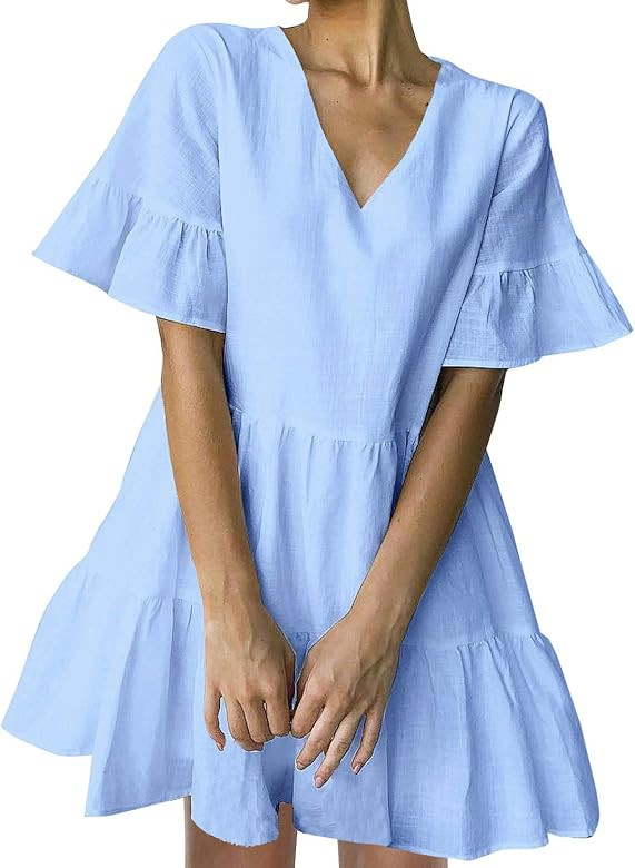 FANCYINN Women’s Cute Shift Dress with Pockets Bell Sleeve Ruffle Hem V Neck Loose Swing Tunic ... | Amazon (US)