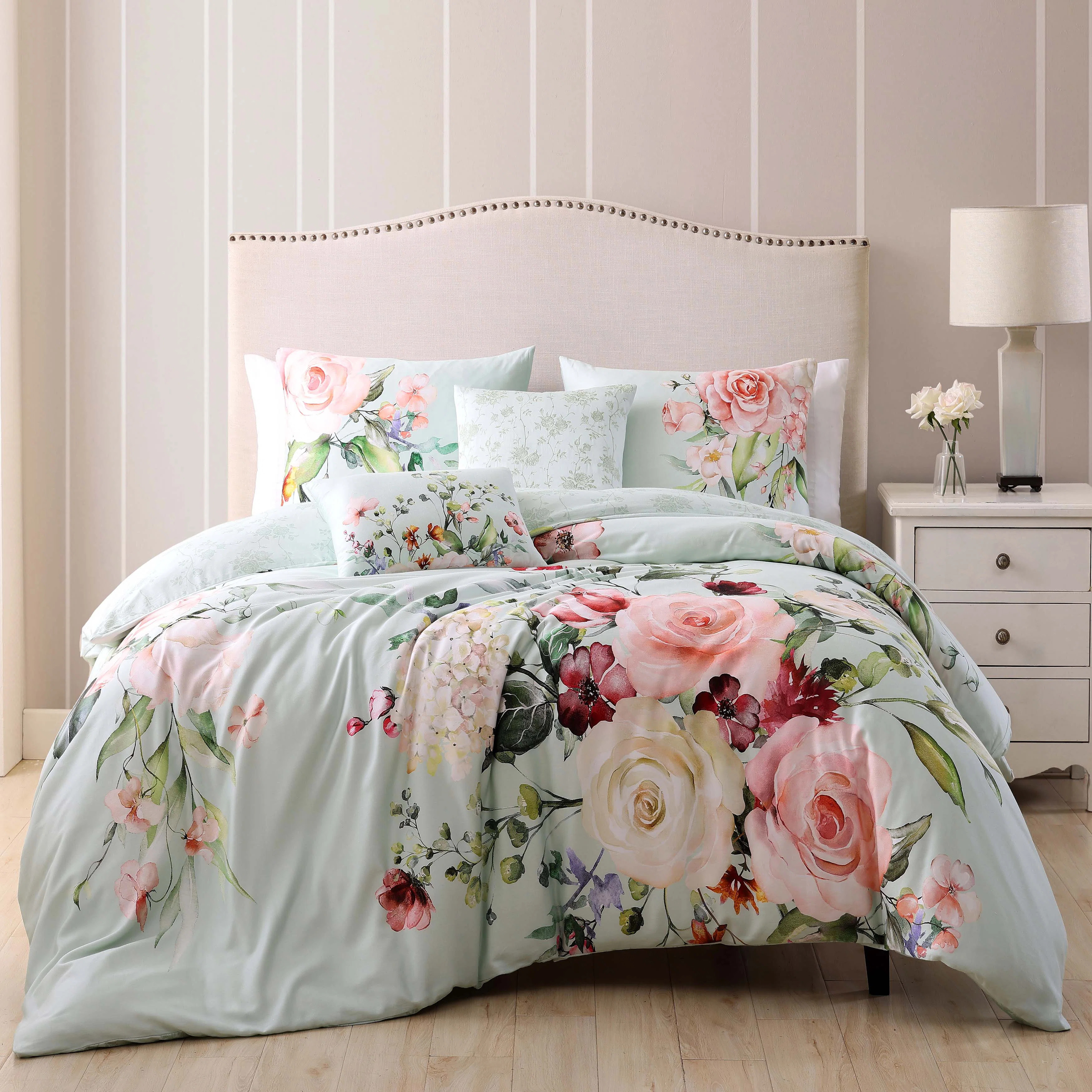 Bebejan Rose On Misty Green 100% Cotton Sateen 5 Piece Comforter Set | Wayfair North America