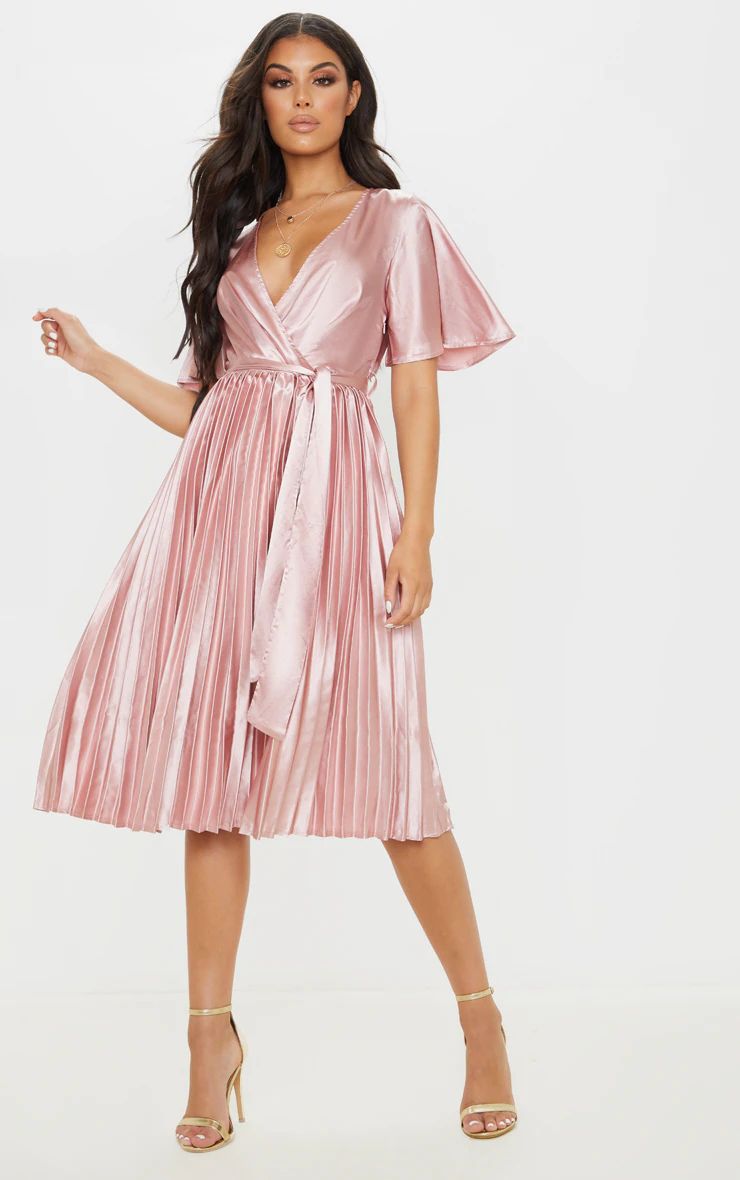 Mairee Dusty Pink Satin Pleated Midi Dress | PrettyLittleThing US