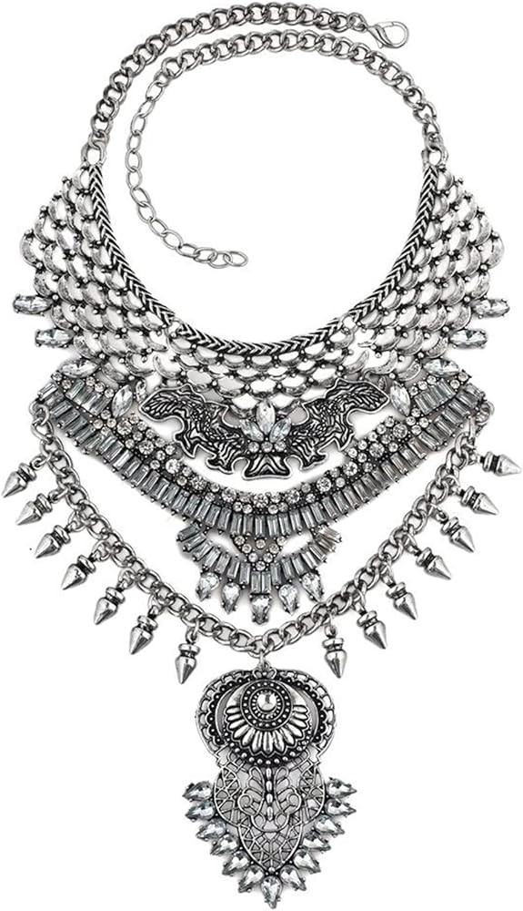 CCBFY Long Tassel Chunky Boho Coin Statement Necklace For Women Silver | Amazon (US)