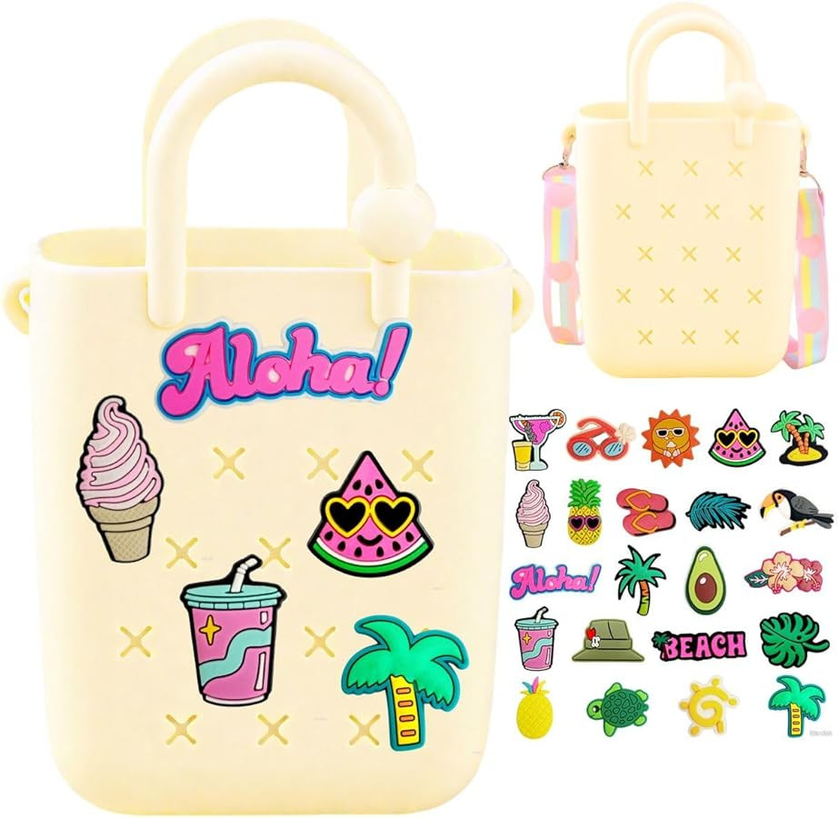 Mini Silicone Tote Bag, Rubber Beach Tote with Adjustable Strap &22 Cute Decorations for Little G... | Amazon (US)