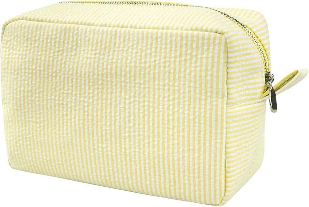GFU Cosmetic Bags for Women, Seersucker Cosmetic Bag, Travel Toiletry Stripe Makeup Bag, Large Wo... | Amazon (US)