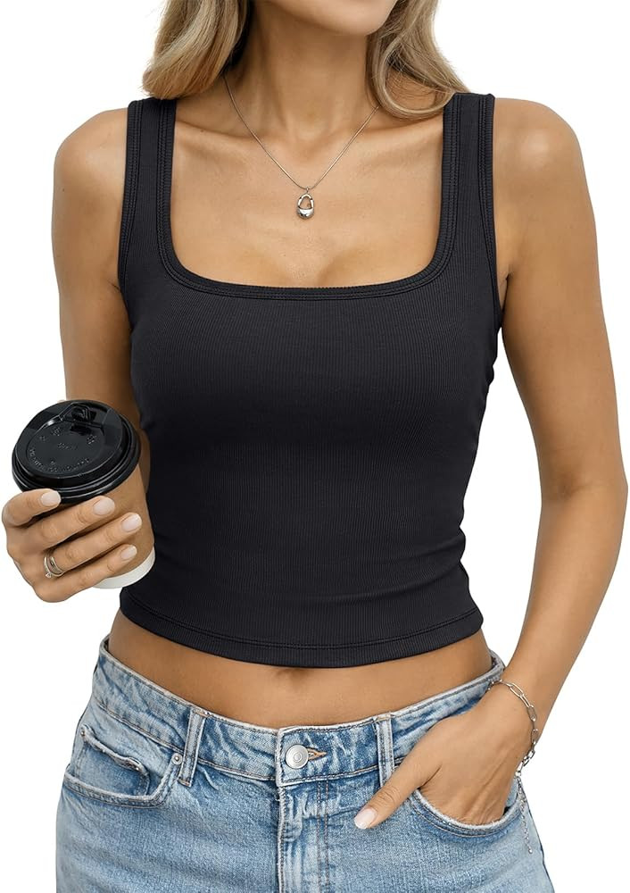 EasyGala Womens Built in Bra Ribbed Tank Y2k Crop Going Out Shirt Fitted Summer Square Neck Top R... | Amazon (US)