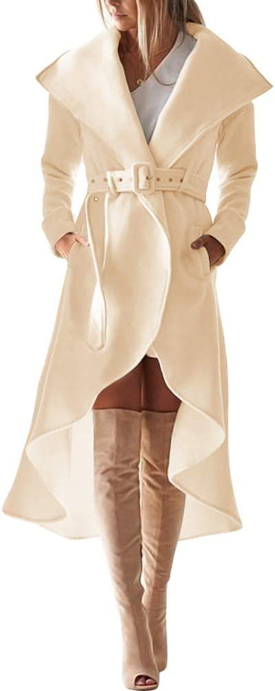 SAUKOLE Women's Winter Wool Trench Coat Wrap Large Collar High Low Jacket Outwear with Belt | Amazon (US)