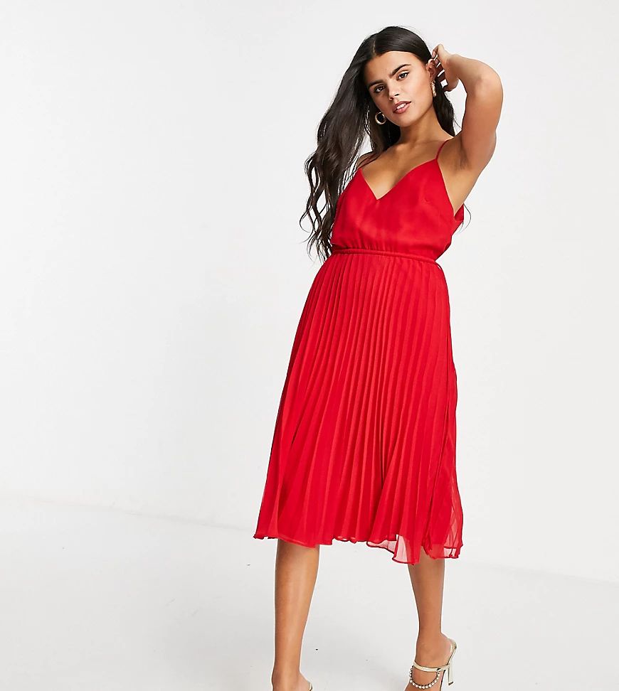 ASOS DESIGN Petite pleated cami midi dress with drawstring waist in red | ASOS (Global)