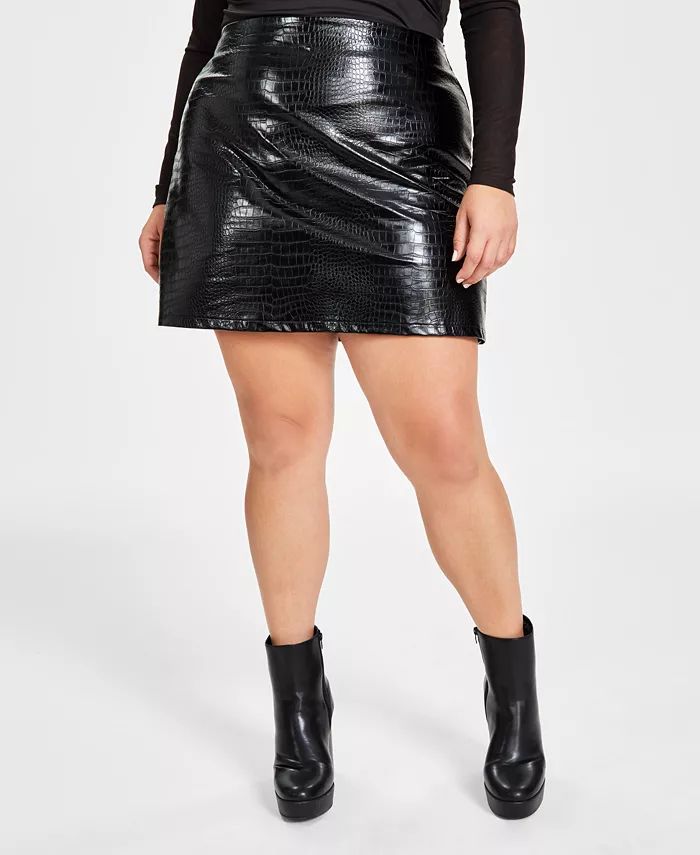 Bar III Plus Size Crocodile Faux-Leather Mini Skirt - Macy's | Macy's