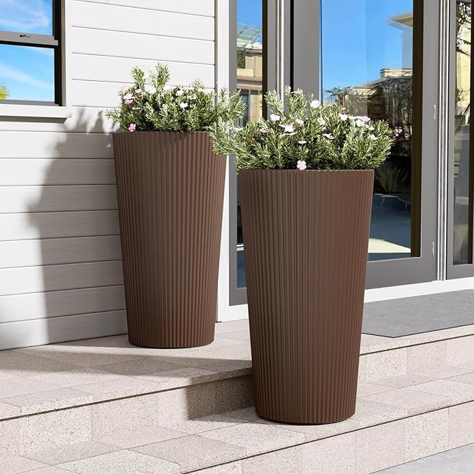 FONTOI 23.6" Tall Planter for Outdoor Plants Set of 2 Large Outdoor Plastic Striped Flower Pots, ... | Amazon (US)