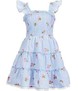 Rare Editions Little Girls Flutter-Sleeve Floral-Embroidered Seersucker Fit-And-Flare Dress - 6 | Dillard's