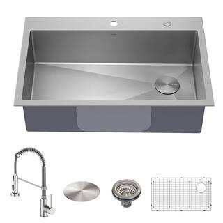 KRAUS Loften All-in-One Dual Mount Drop-In Stainless Steel 33 in. 2-Hole Single Bowl Kitchen Sink... | The Home Depot
