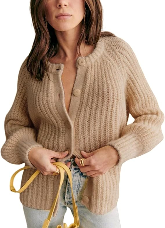 Bianstore Women's Casual Long Sleeve Crewneck Button Down Cardigan Sweater Knit Outwear | Amazon (US)