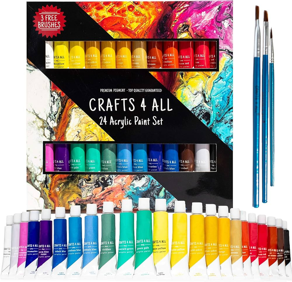 Acrylic Paint Set for Adults and Kids - 24 Pack of 12mL Paints with 3 Art Brushes, Non-Toxic Craf... | Amazon (US)