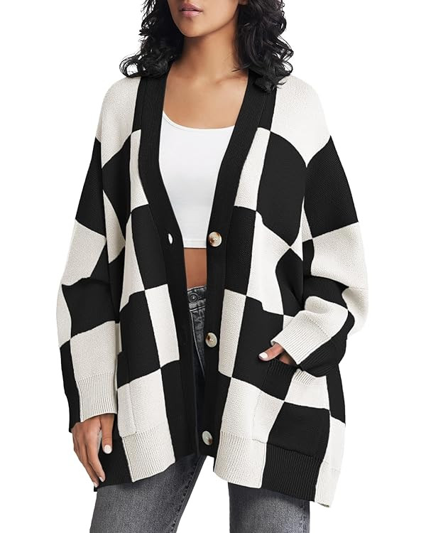 Saodimallsu Womens Checkered Sweater Color Block Plaid Oversized Cardigan Long Sleeve V Neck Butt... | Amazon (US)