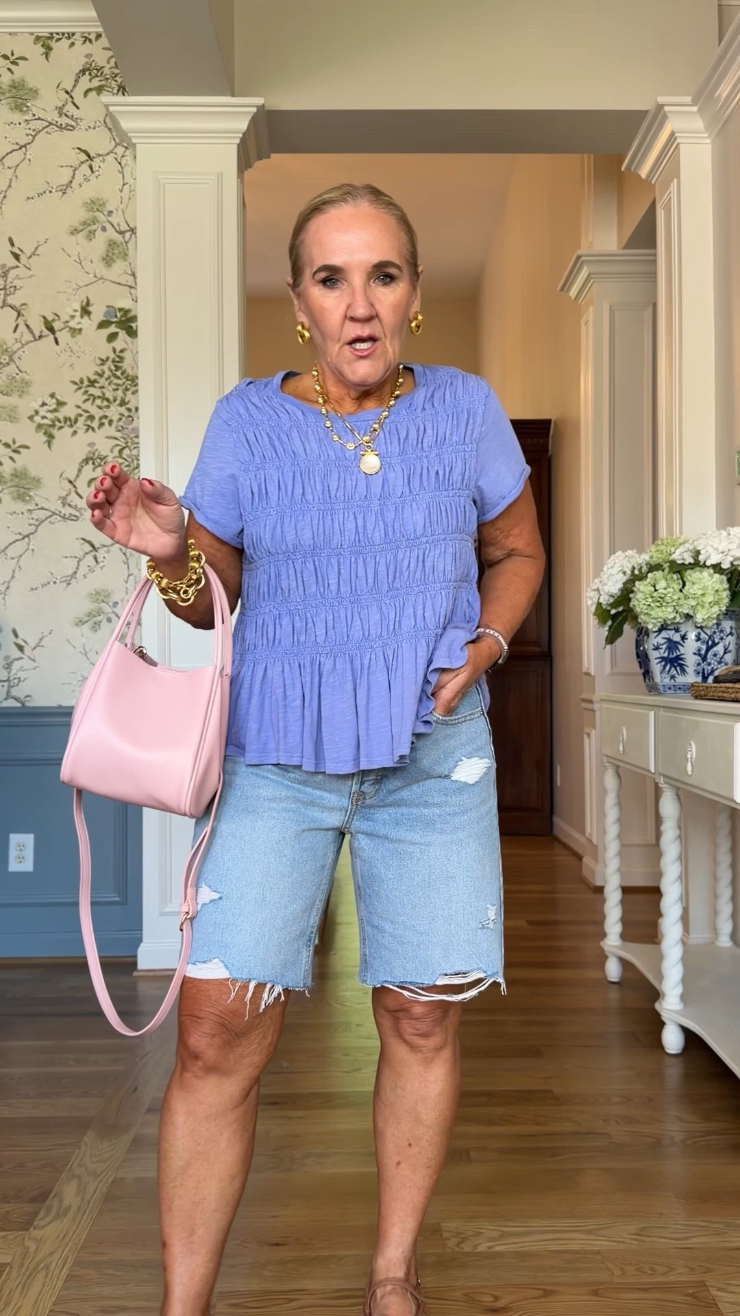 Jean shorts size 8
Gingham top size med 
Yellow gauze top comes in several colors 15% off code at Avara NANETTE15 good 1x
 Quince sweater medium 
Striped button down medium but you could prob size down. I do love it oversized 
I did size up in the smocked knit purple top 

Don’t miss the Julie Vos sale linking some favorites

Denim denim shorts outfits

#LTKOver40 #LTKootd #LTKPetite