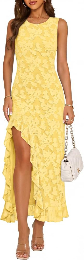 MEROKEETY Women's Summer Floral Ruffle Maxi Dress High Slit Sleeveless Bodycon Formal Cocktail We... | Amazon (US)