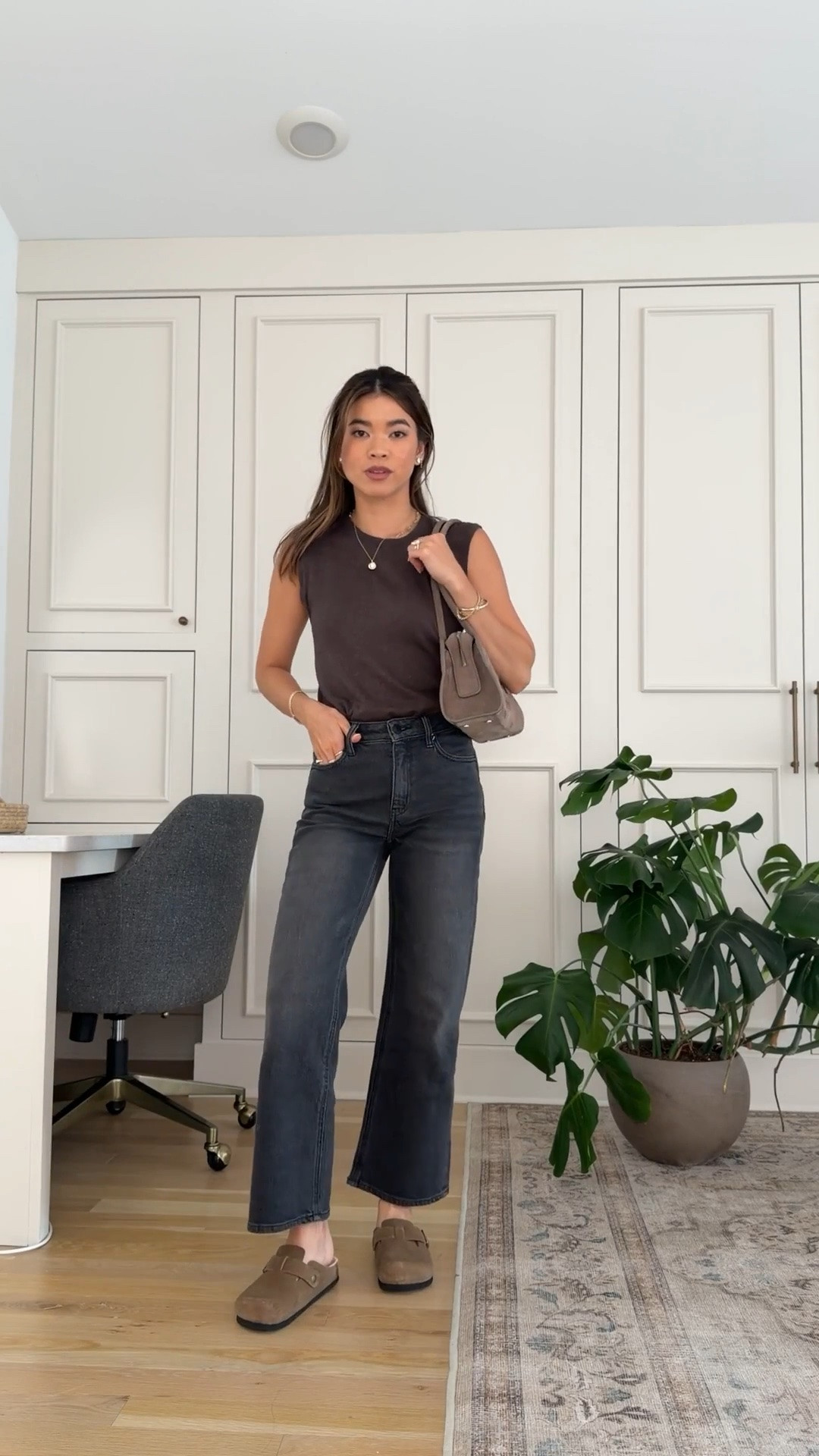 These @Quince clogs are a must for fall! So easy to slip on.

Sizing info:
-Quince Lightweight Cotton Cashmere Sweater Tank (Size XS in Mocha Heather) 
-Quince Bella Stretch Wide Leg Jeans (Size 24 Short in Black)

petite fashion, get dressed with me, outfit inspiration, ootd, nashville outfit, Nashville influencer, petite style, vacation style, casual outfits, mom style, petite pants, fall outfits, fall outfit info, fall pants, fall outfit idea, fall top, fall sweater, fall shoes, quince, summer top, fall sweater tank, jeans, petite jeans, black jeans, black denim, quince jeans, wide leg jeans

#LTKootd #LTKSeasonal #LTKPetite