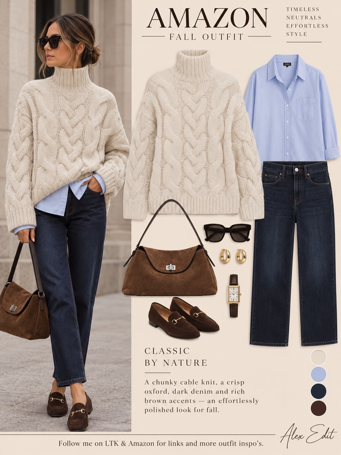 There’s something about a chunky cable knit that makes an outfit feel instantly pulled together—especially when everything around it stays beautifully simple. I layered this creamy turtleneck over a crisp blue Oxford and paired it with deep indigo denim, chocolate suede loafers and that gorgeous suede bag. The mix of classic color, texture and relaxed proportions gives it that understated heritage feel I’m always drawn to. Polished, comfortable and quietly chic without looking like you tried too hard. All Amazon finds. #AmazonFashion #AmazonFinds #AmazonStyle #FallStyle #FallOutfitIdeas #ClassicStyle #TimelessStyle #HeritageStyle #QuietLuxuryStyle #UnderstatedStyle #ElevatedCasual #PreppyStyle #Over40Style #Over50Style #CableKnit #AlexEdit

#LTKootd #LTKOver40 #LTKMidsize