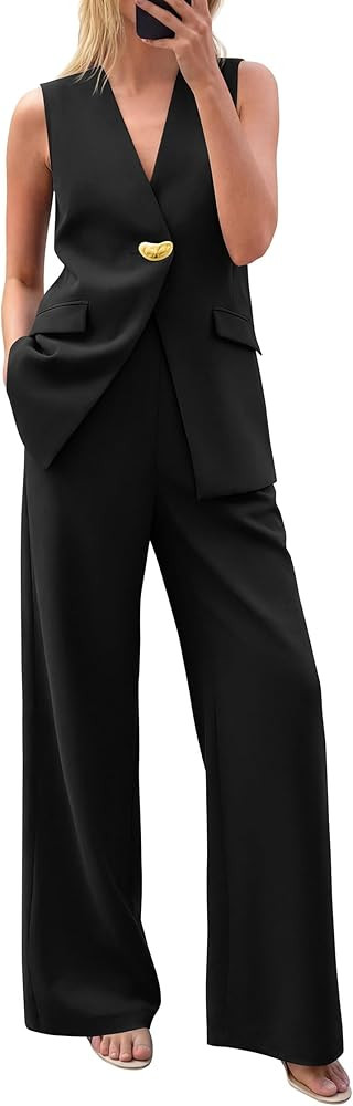 KIRUNDO Pant Suits for Women Dressy 2 Piece Sets Sleeveless Blazer Vest Wide Leg Matching Pantsui... | Amazon (US)