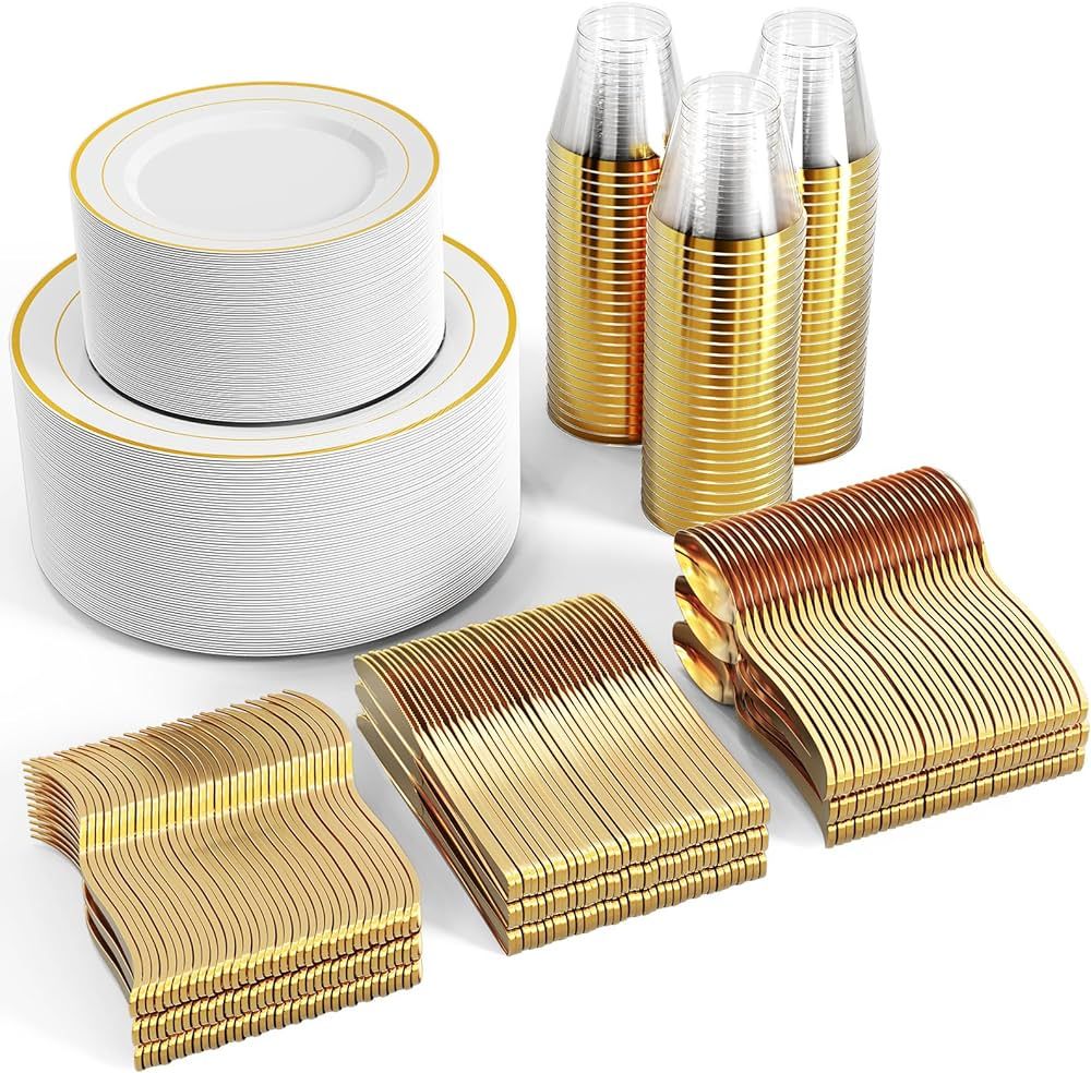 FOCUSLINE 600pcs Gold Dinnerware Set for 100 Guests, Gold Rimmed Plastic Plates Disposable, 100 D... | Amazon (US)