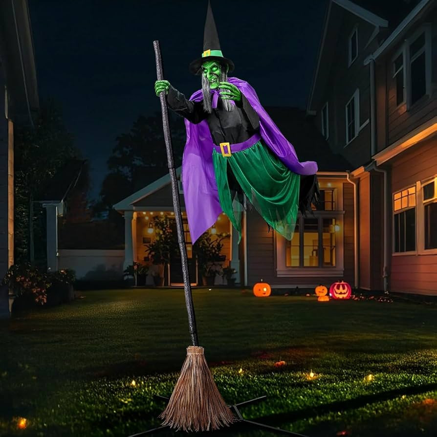Flying Witch Halloween Decor On Broom - 6ft Animated Hovering Witch On Broom with Light-Up Eyes a... | Amazon (US)
