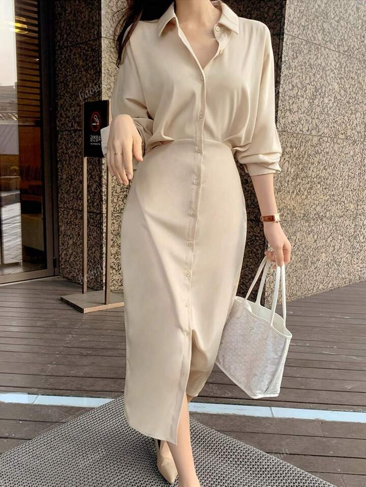 Women's Shirt Dress, French Elegant Style With Waist Tie, Loose Top & Slim Fit Bottom, Mid-Length Lapel Shirt Dress, Suitable For Daily Travel, Outing, Home, Brunch, Tea Party, Commute, Airport Wear, Spring/Summer, Spring/Autumn | SHEIN