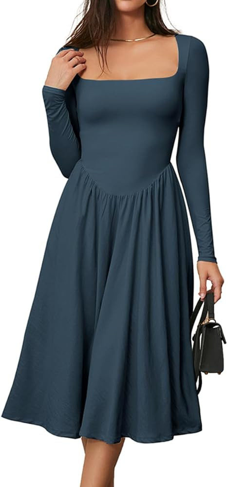 CHYRII Women Spring Fashion 2025 Square Neck Long Sleeve Casual A-Line Midi Dress | Amazon (US)