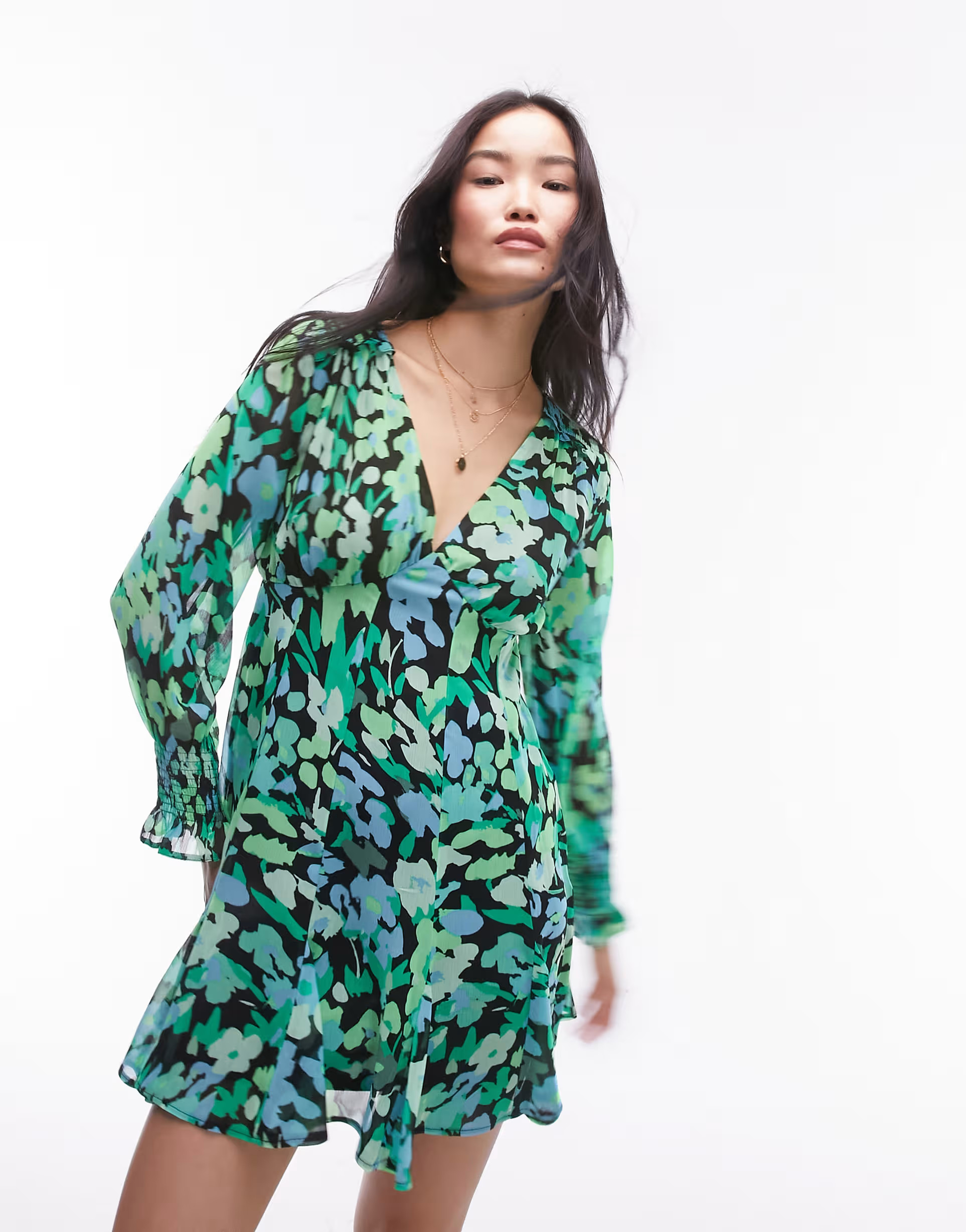 Topshop long sleeve godet mini tea dress in green floral print | ASOS (Global)