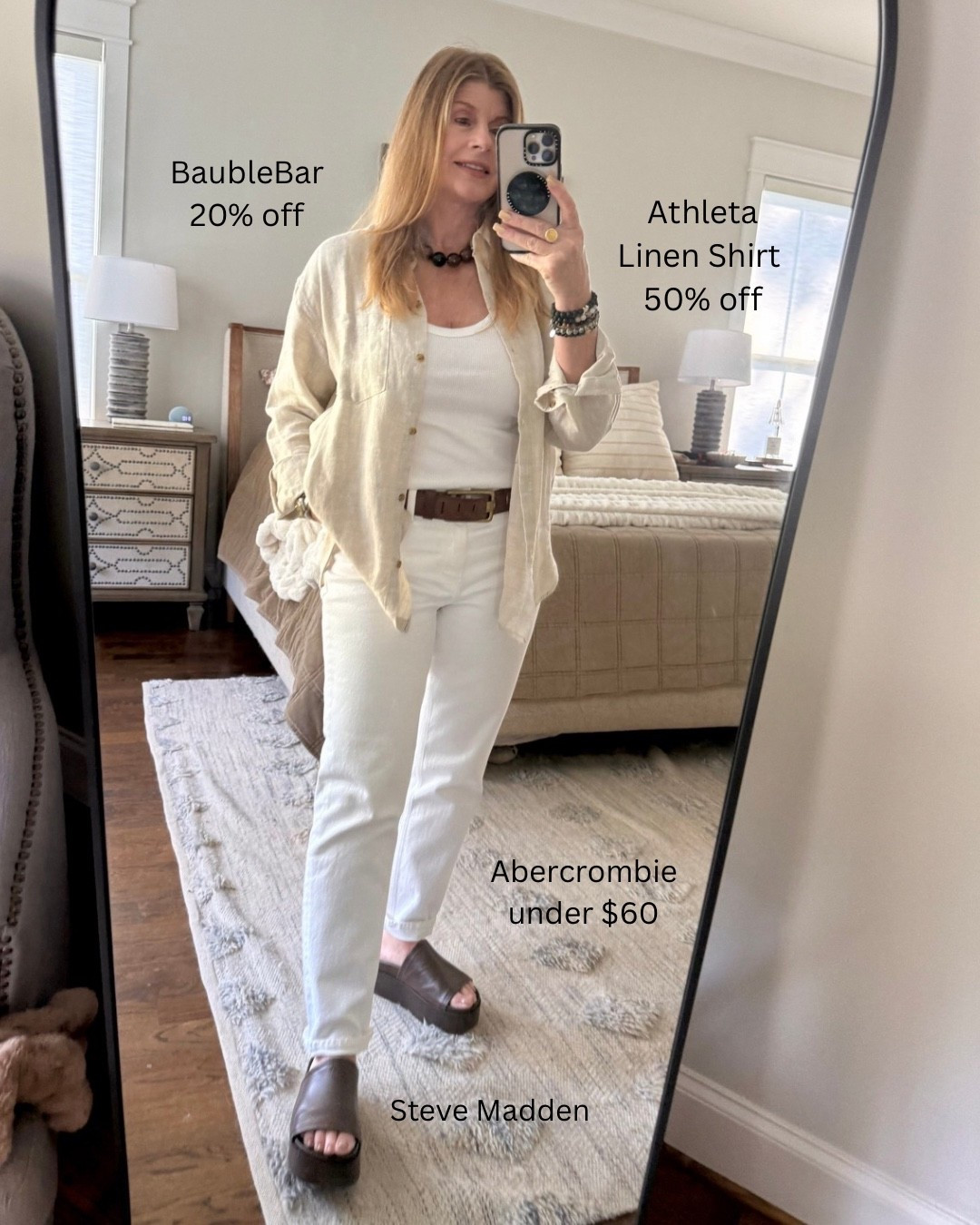 Athleta Linen Shirt 50% off @athleta BaubleBar Nexklace @baublebar
Abercrombie Jeans under $60 @abercrombie 
#OOTD #allwhiteOOTD #momover50OOTD #momover50 #LTKOver50

#LTKootd #LTKSaleAlert #LTKmomlife