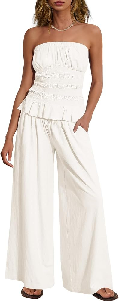 Yanekop Womens Two Piece Lounge Set Strapless Tube Top Pants Sets 2 Piece Outfits Summer Vacation... | Amazon (US)