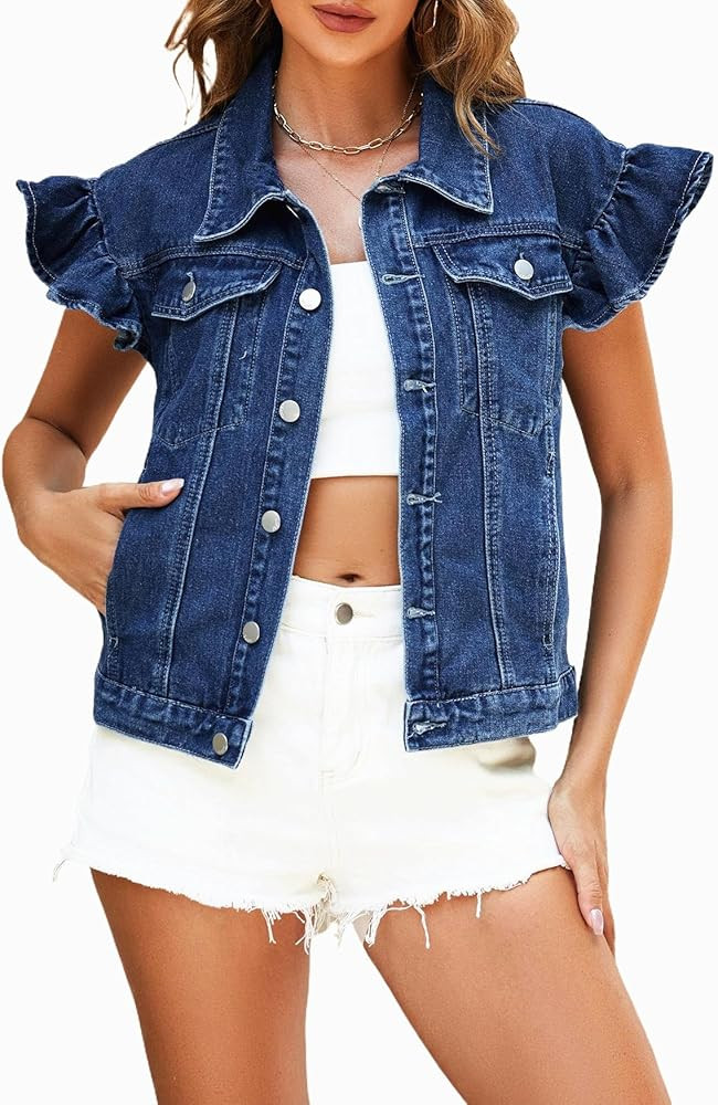 Ladyful Womens Denim Vest Top Ruffle Cap Sleeve Jean Vest Button Down Sleeveless Denim Jacket | Amazon (US)