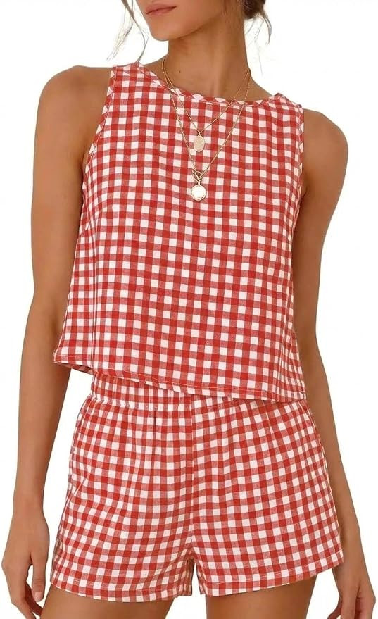 IDEALSANXUN Womens Two Piece Sets Summer Beach Spring Gingham Tank Tops and Plaid Shorts Pajama S... | Amazon (US)