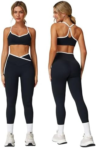 ABOCIW Workout Sets for Women 2 Piece Color Block Strappy Sports Bra High Waist Shorts Gym Yoga P... | Amazon (US)