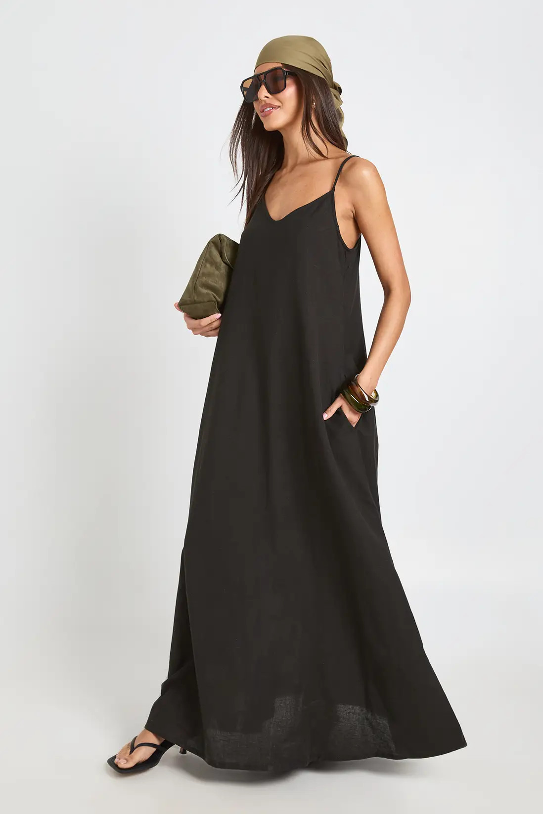 Black Linen Hanky Hem Maxi Dress | Boohoo USA | boohoo (US & Canada)