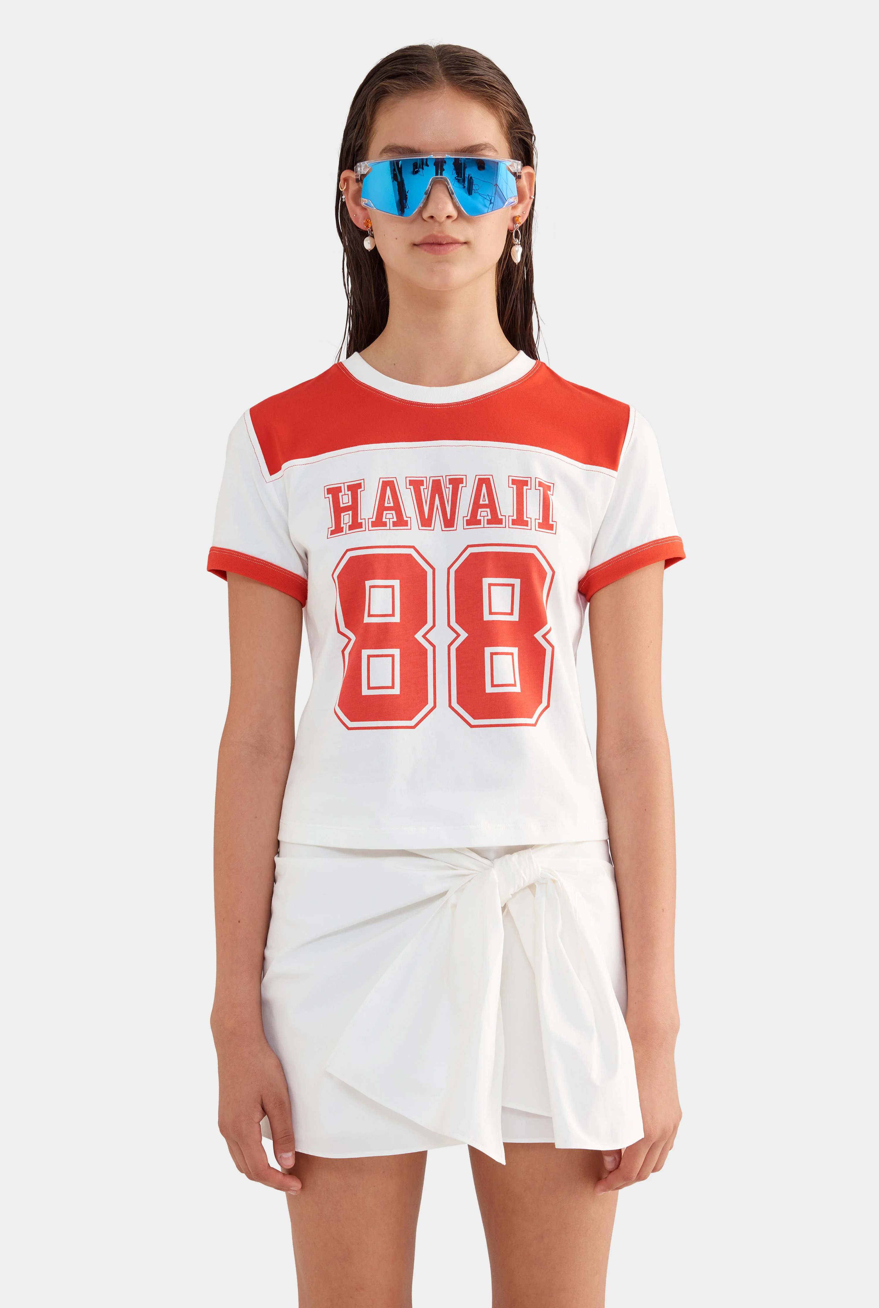 Womens Panelled Baby Tee in Off White/Red | Venroy | Venroy AU