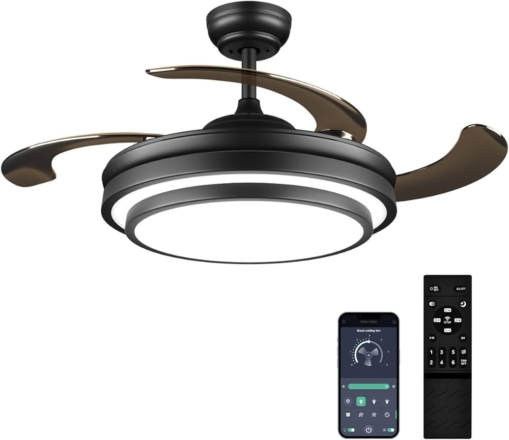 42 Inch Black Modern Ceiling Fan with Lights and Remote Retractable Fandelier Ceiling Fan 6 Speed... | Amazon (US)