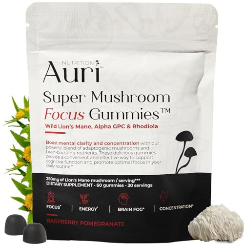 Auri Super Mushroom Focus Gummies - w/Lion's Mane, Alpha GPC & Rhodiola - Mushrooom Supplement to Support Cognitive Function, Mental Clarity, Focus & Energy | 60 Gummies, Vegan Friendly, Non GMOs | Amazon (US)