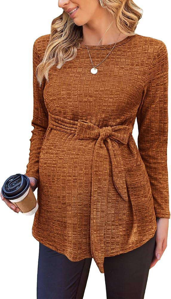 Ekouaer Women's Maternity Shirts Long Sleeve Pregnancy Tops Casual Ribbed Knit Pregnant Blouses S... | Amazon (US)